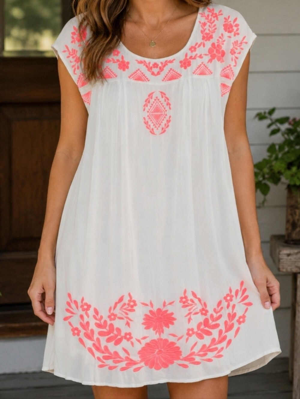 Ariat White Dress with Coral Pink Embroidery